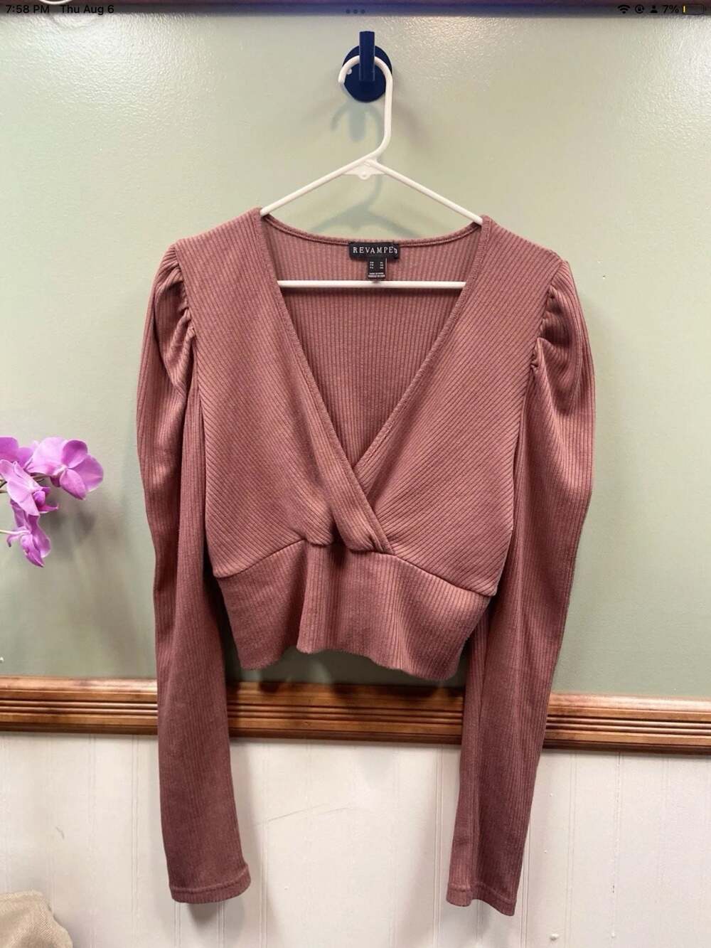 Revamped Mauve Ribbed Long Sleeve Surplice Crop Top